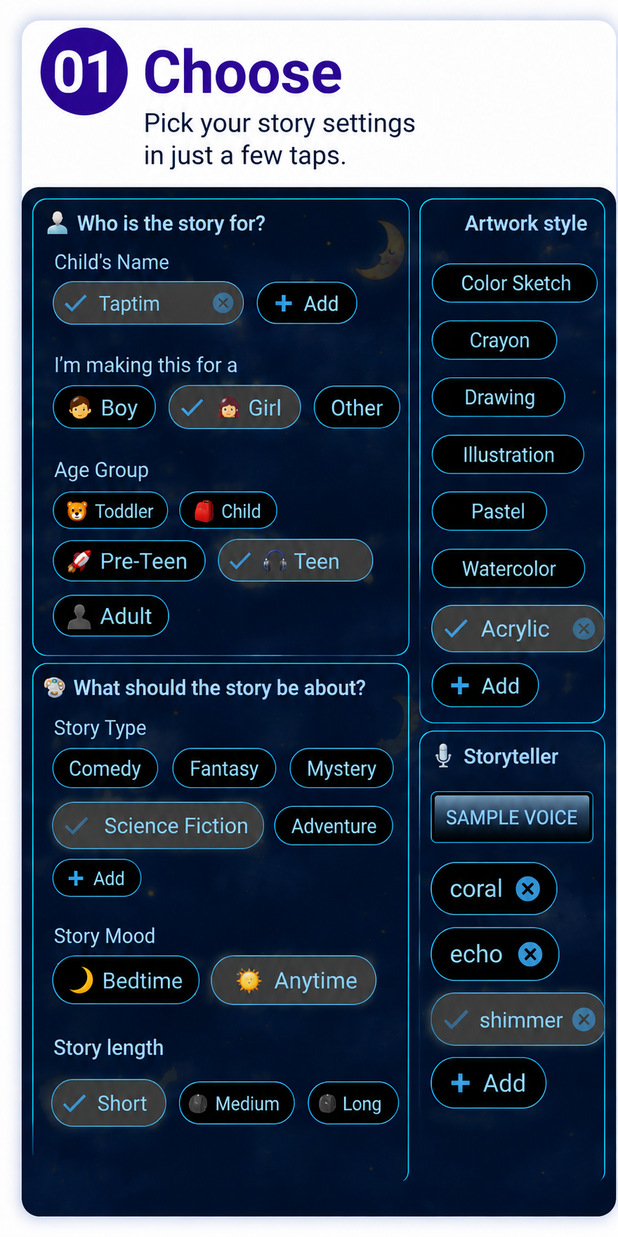 Sleepytime Storyteller story customization options
